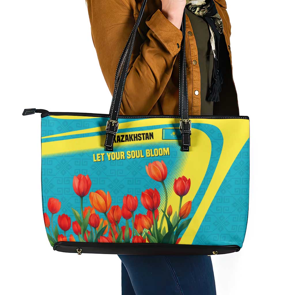 Kazakhstan National Flag Leather Tote Bag with Red Tulip Bloom and Blue Yellow Ethnic Motif