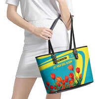 Kazakhstan National Flag Leather Tote Bag with Red Tulip Bloom and Blue Yellow Ethnic Motif