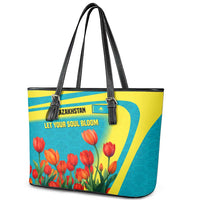 Kazakhstan National Flag Leather Tote Bag with Red Tulip Bloom and Blue Yellow Ethnic Motif