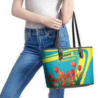 Kazakhstan National Flag Leather Tote Bag with Red Tulip Bloom and Blue Yellow Ethnic Motif