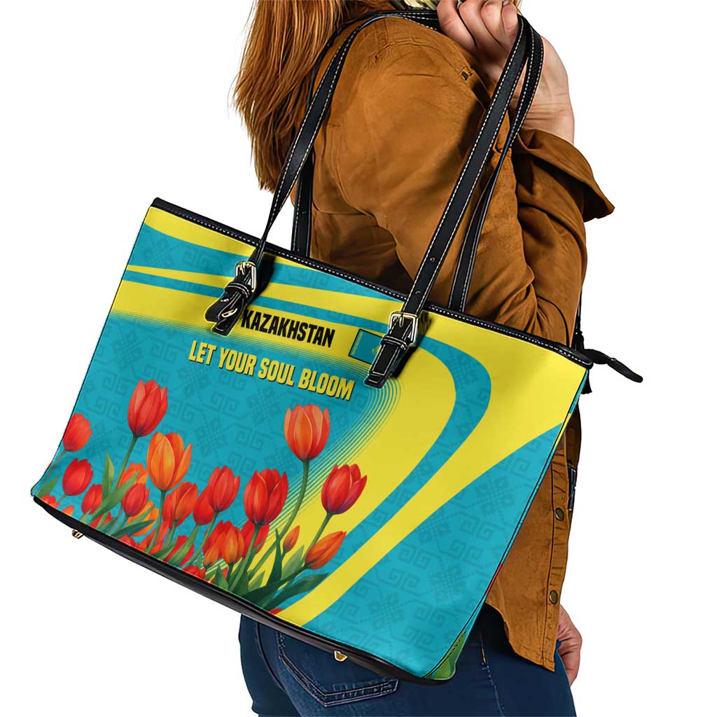 Kazakhstan National Flag Leather Tote Bag with Red Tulip Bloom and Blue Yellow Ethnic Motif