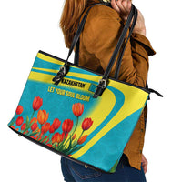 Kazakhstan National Flag Leather Tote Bag with Red Tulip Bloom and Blue Yellow Ethnic Motif