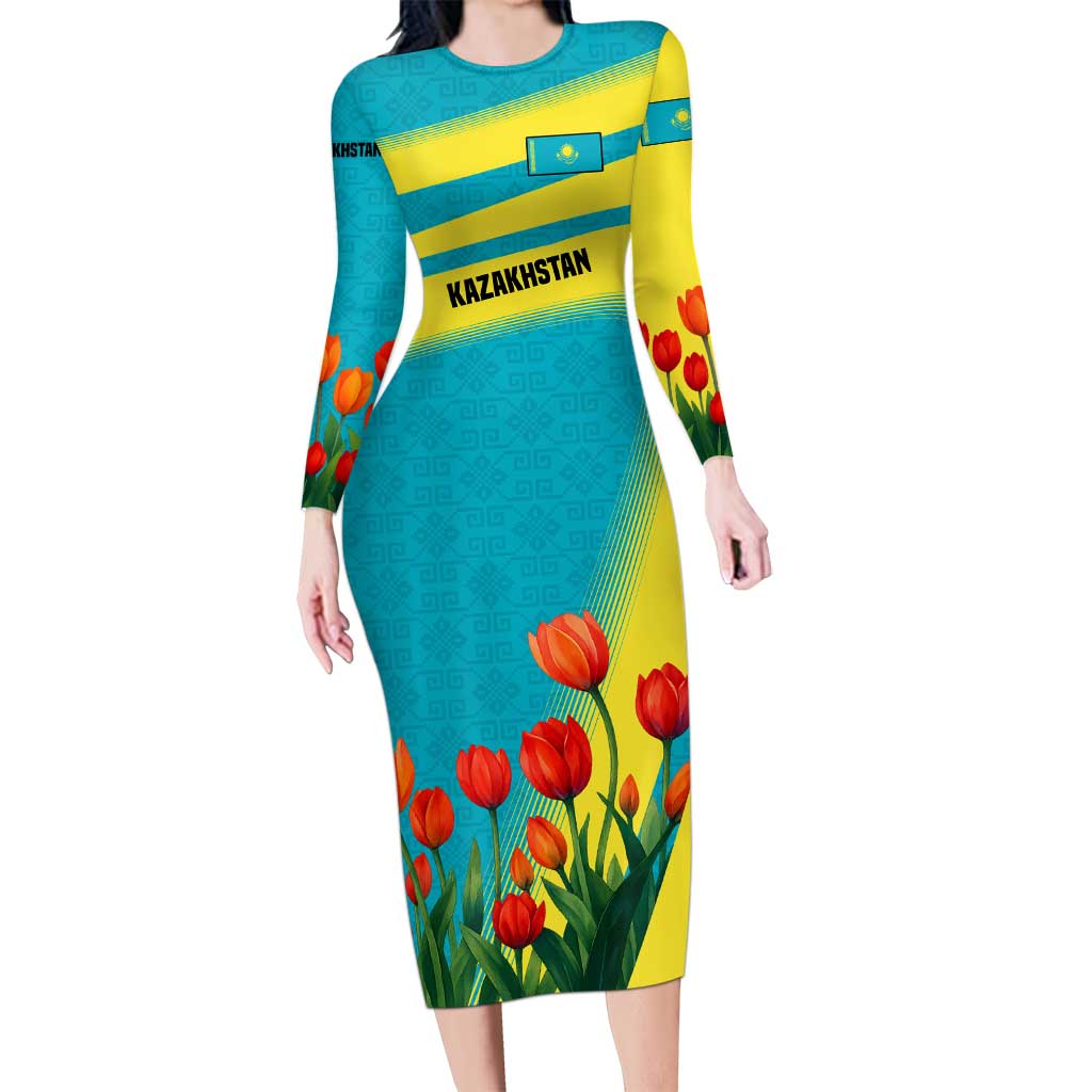 Kazakhstan National Flag Long Sleeve Bodycon Dress with Red Tulip Bloom and Blue Yellow Ethnic Motif