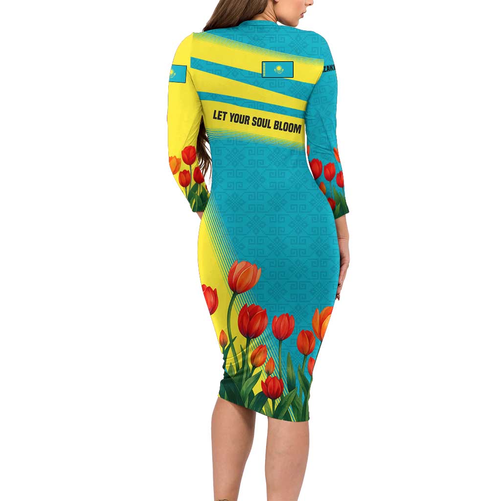 Kazakhstan National Flag Long Sleeve Bodycon Dress with Red Tulip Bloom and Blue Yellow Ethnic Motif