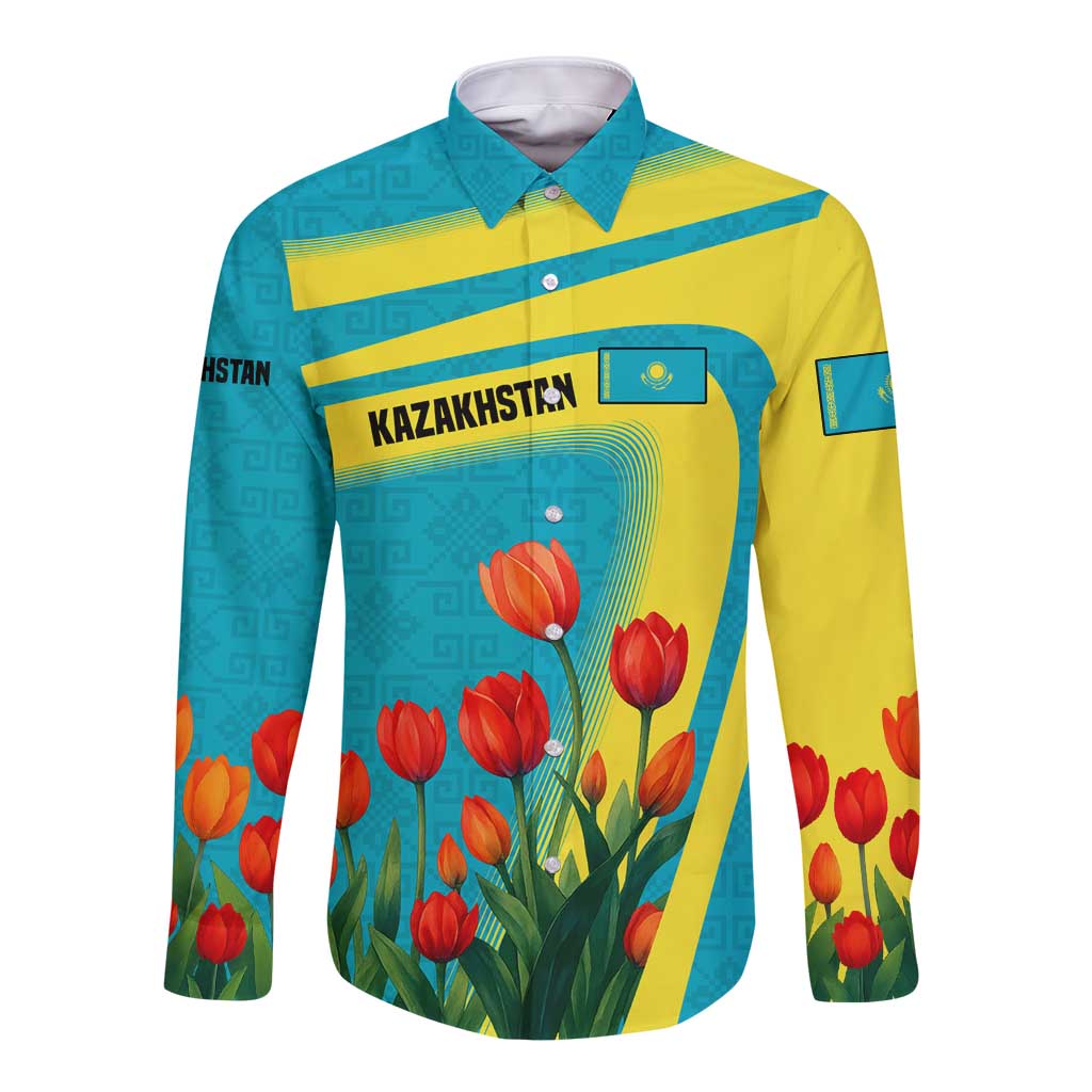 Kazakhstan National Flag Long Sleeve Button Shirt with Red Tulip Bloom and Blue Yellow Ethnic Motif