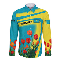Kazakhstan National Flag Long Sleeve Button Shirt with Red Tulip Bloom and Blue Yellow Ethnic Motif