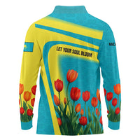 Kazakhstan National Flag Long Sleeve Polo Shirt with Red Tulip Bloom and Blue Yellow Ethnic Motif