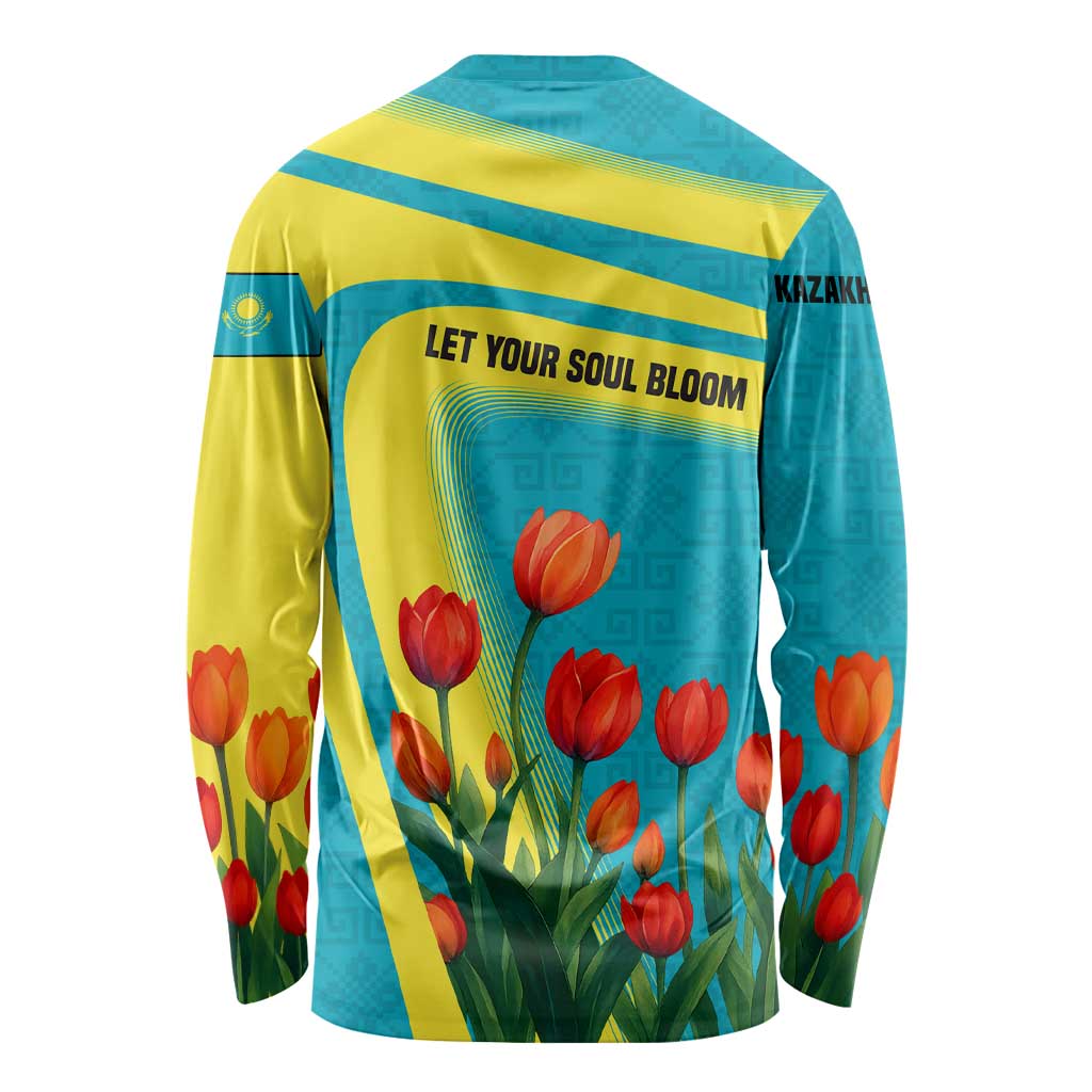 Kazakhstan National Flag Long Sleeve Shirt with Red Tulip Bloom and Blue Yellow Ethnic Motif