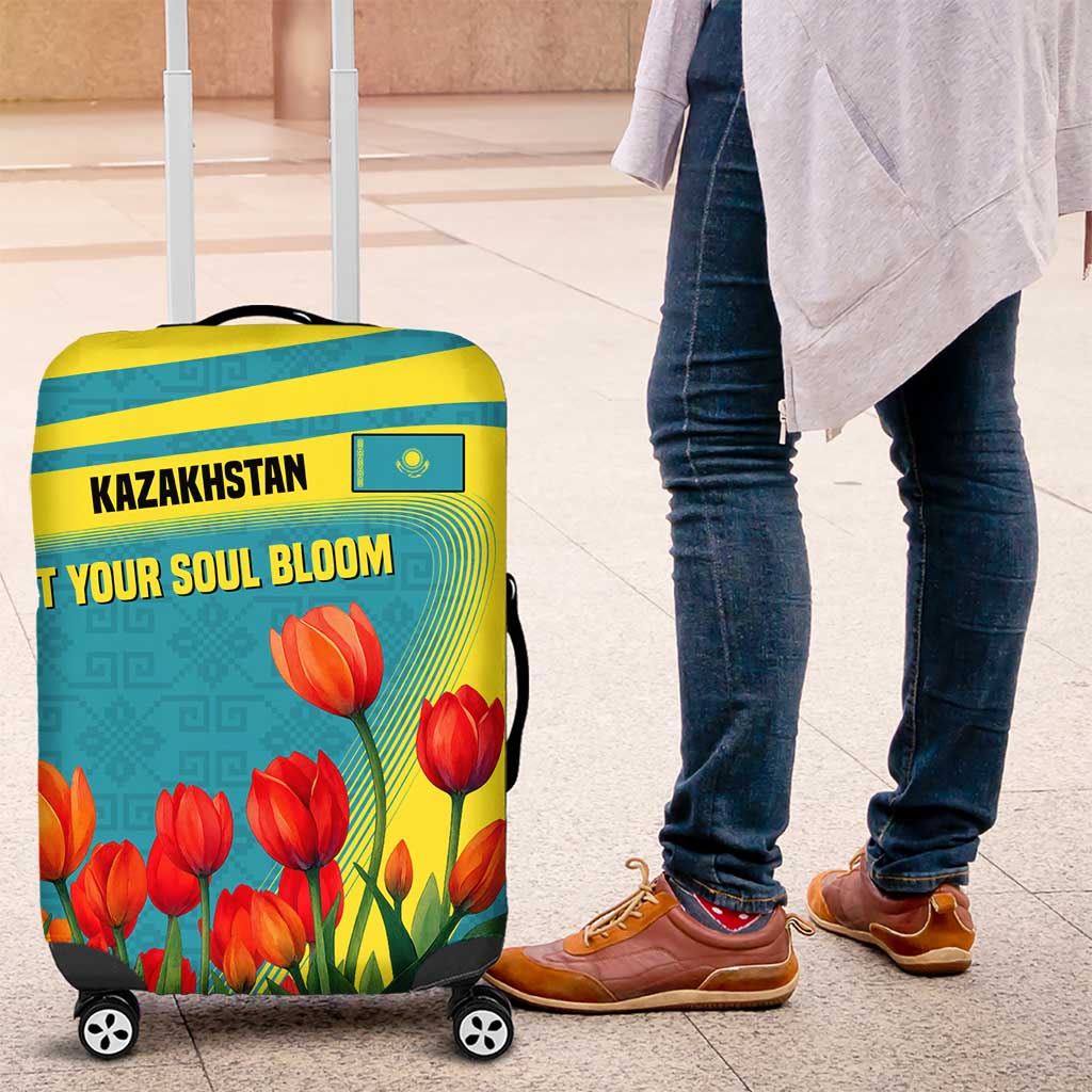 Kazakhstan National Flag Luggage Cover with Red Tulip Bloom and Blue Yellow Ethnic Motif