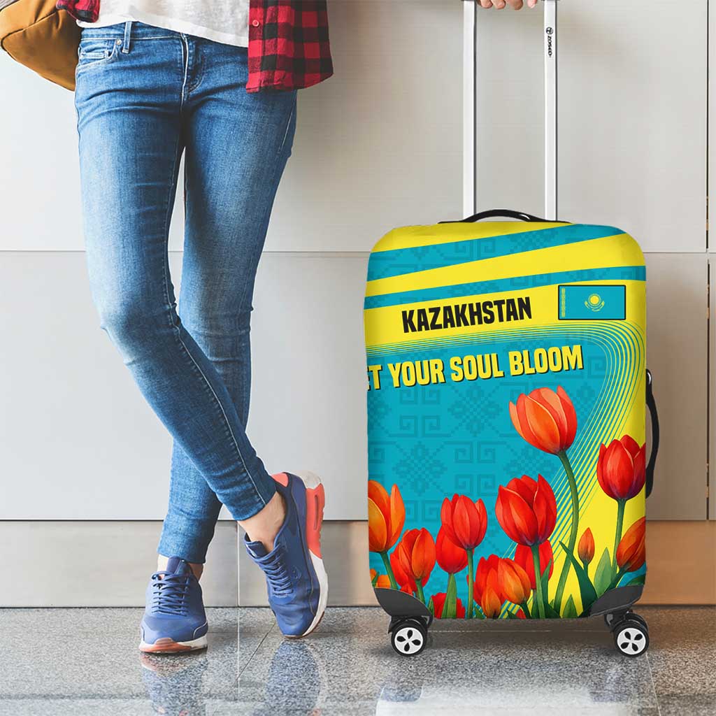 Kazakhstan National Flag Luggage Cover with Red Tulip Bloom and Blue Yellow Ethnic Motif