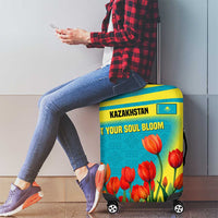 Kazakhstan National Flag Luggage Cover with Red Tulip Bloom and Blue Yellow Ethnic Motif