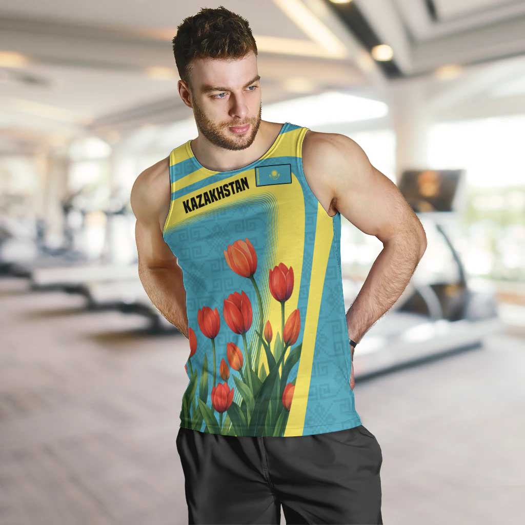Kazakhstan National Flag Men Tank Top with Red Tulip Bloom and Blue Yellow Ethnic Motif
