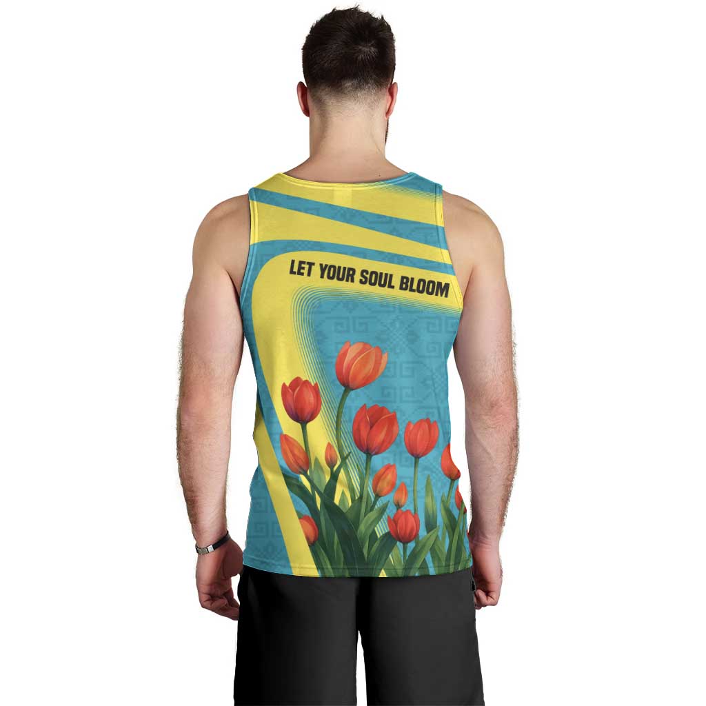 Kazakhstan National Flag Men Tank Top with Red Tulip Bloom and Blue Yellow Ethnic Motif