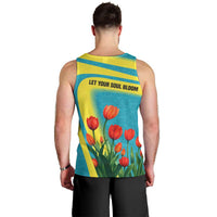 Kazakhstan National Flag Men Tank Top with Red Tulip Bloom and Blue Yellow Ethnic Motif