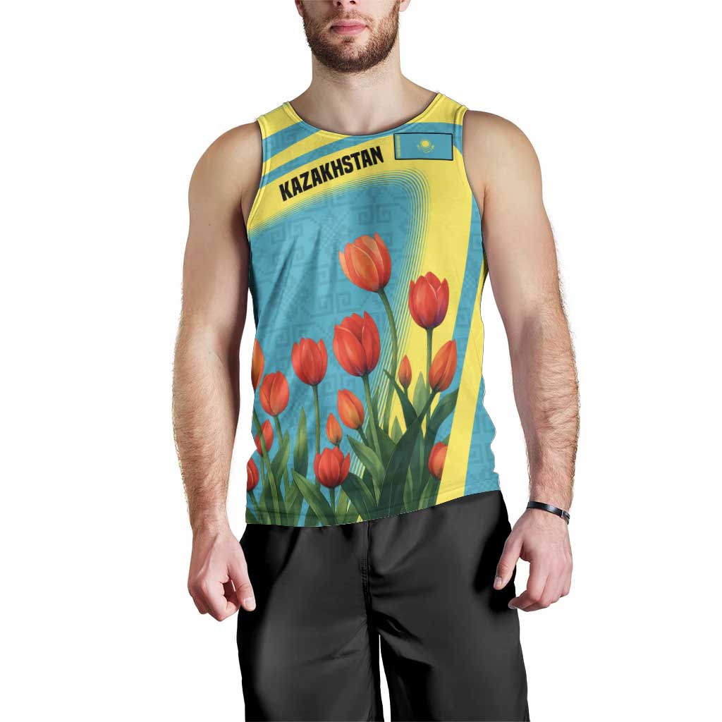 Kazakhstan National Flag Men Tank Top with Red Tulip Bloom and Blue Yellow Ethnic Motif