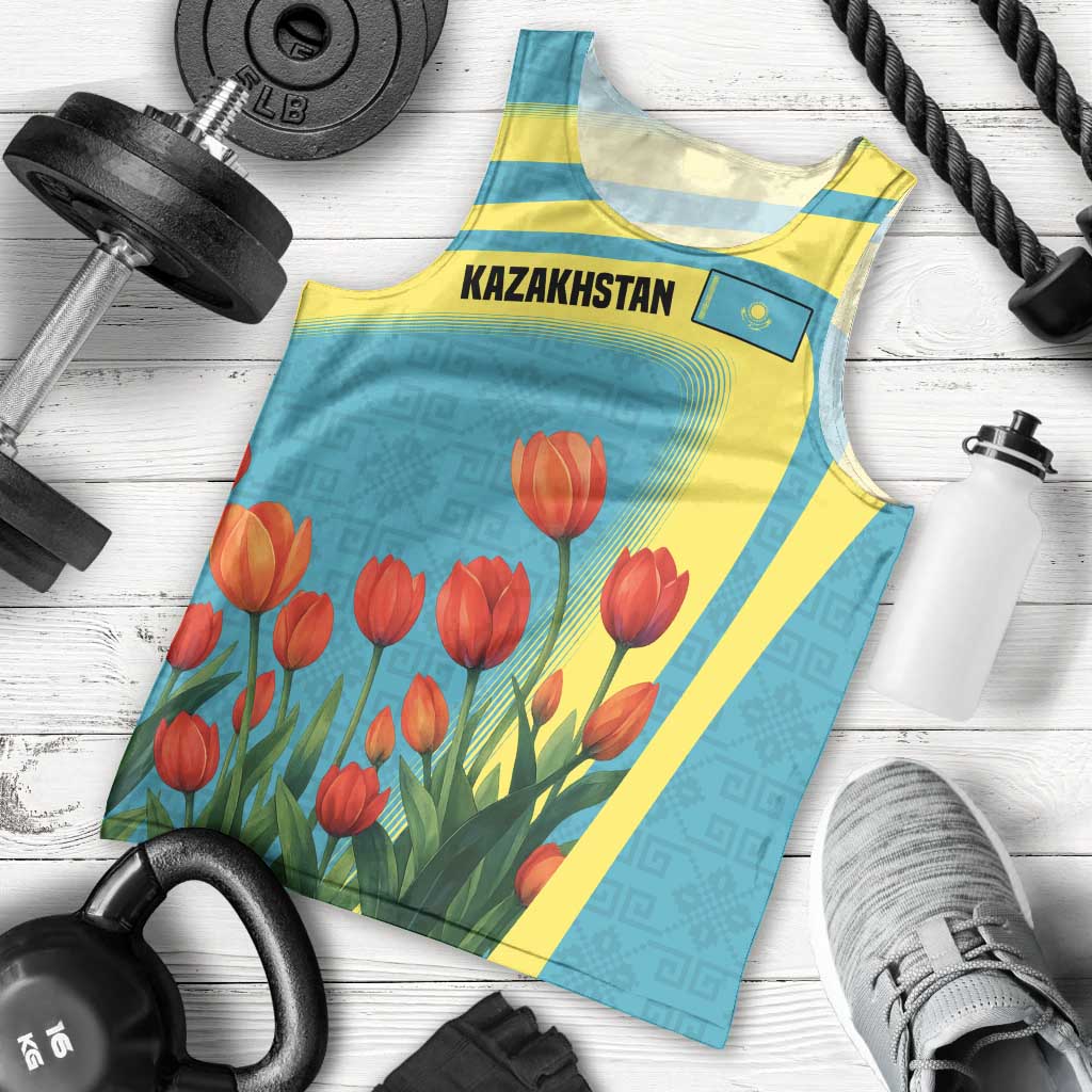 Kazakhstan National Flag Men Tank Top with Red Tulip Bloom and Blue Yellow Ethnic Motif
