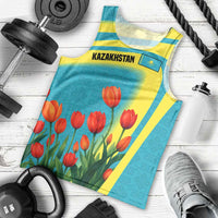 Kazakhstan National Flag Men Tank Top with Red Tulip Bloom and Blue Yellow Ethnic Motif
