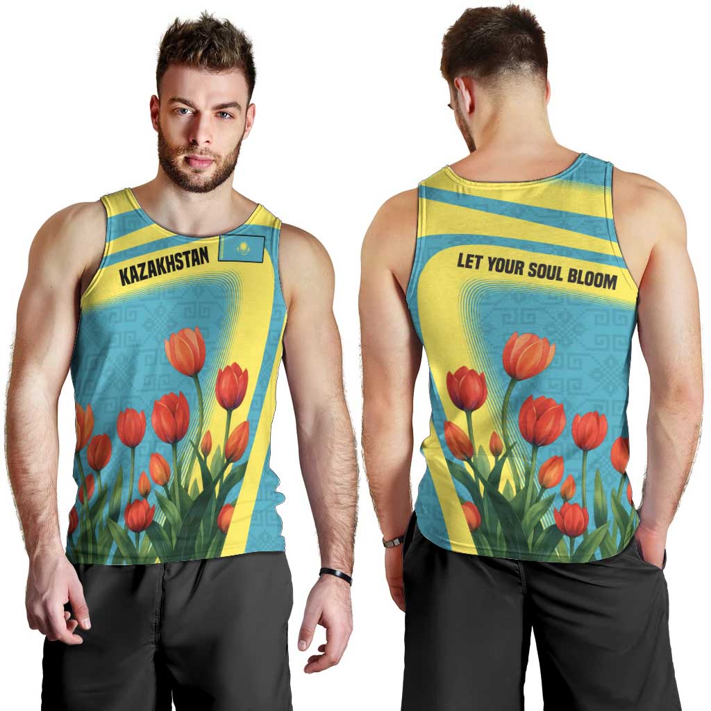 Kazakhstan National Flag Men Tank Top with Red Tulip Bloom and Blue Yellow Ethnic Motif