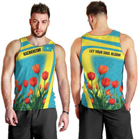 Kazakhstan National Flag Men Tank Top with Red Tulip Bloom and Blue Yellow Ethnic Motif