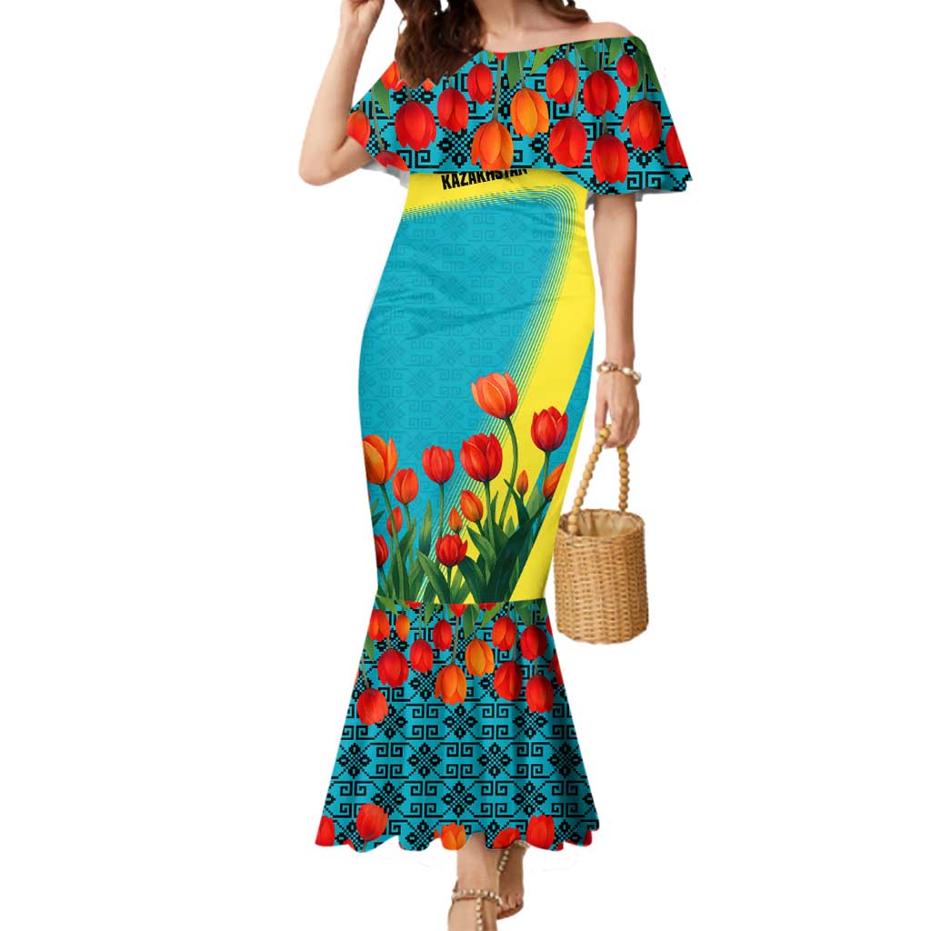 Kazakhstan National Flag Mermaid Dress with Red Tulip Bloom and Blue Yellow Ethnic Motif