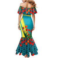 Kazakhstan National Flag Mermaid Dress with Red Tulip Bloom and Blue Yellow Ethnic Motif