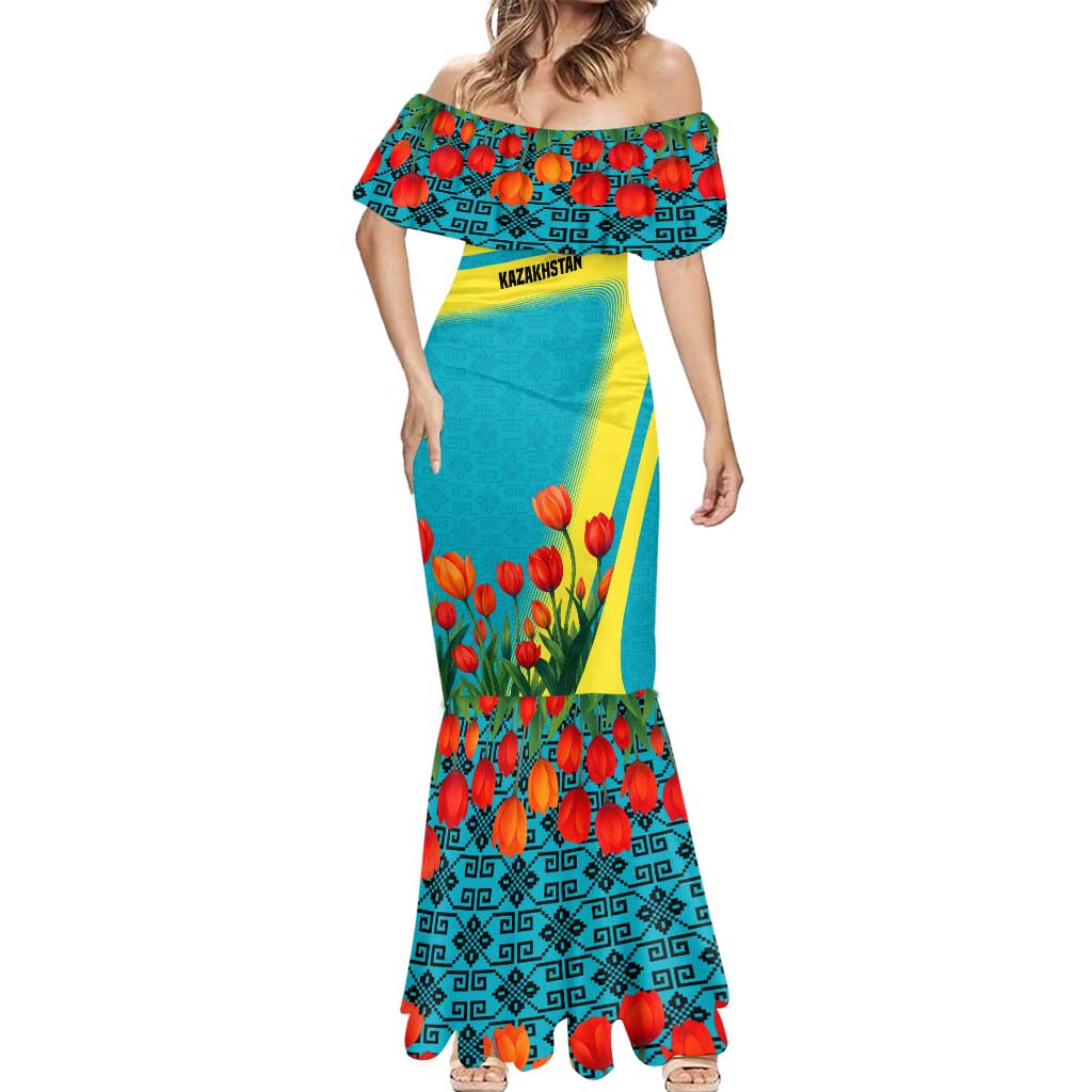 Kazakhstan National Flag Mermaid Dress with Red Tulip Bloom and Blue Yellow Ethnic Motif