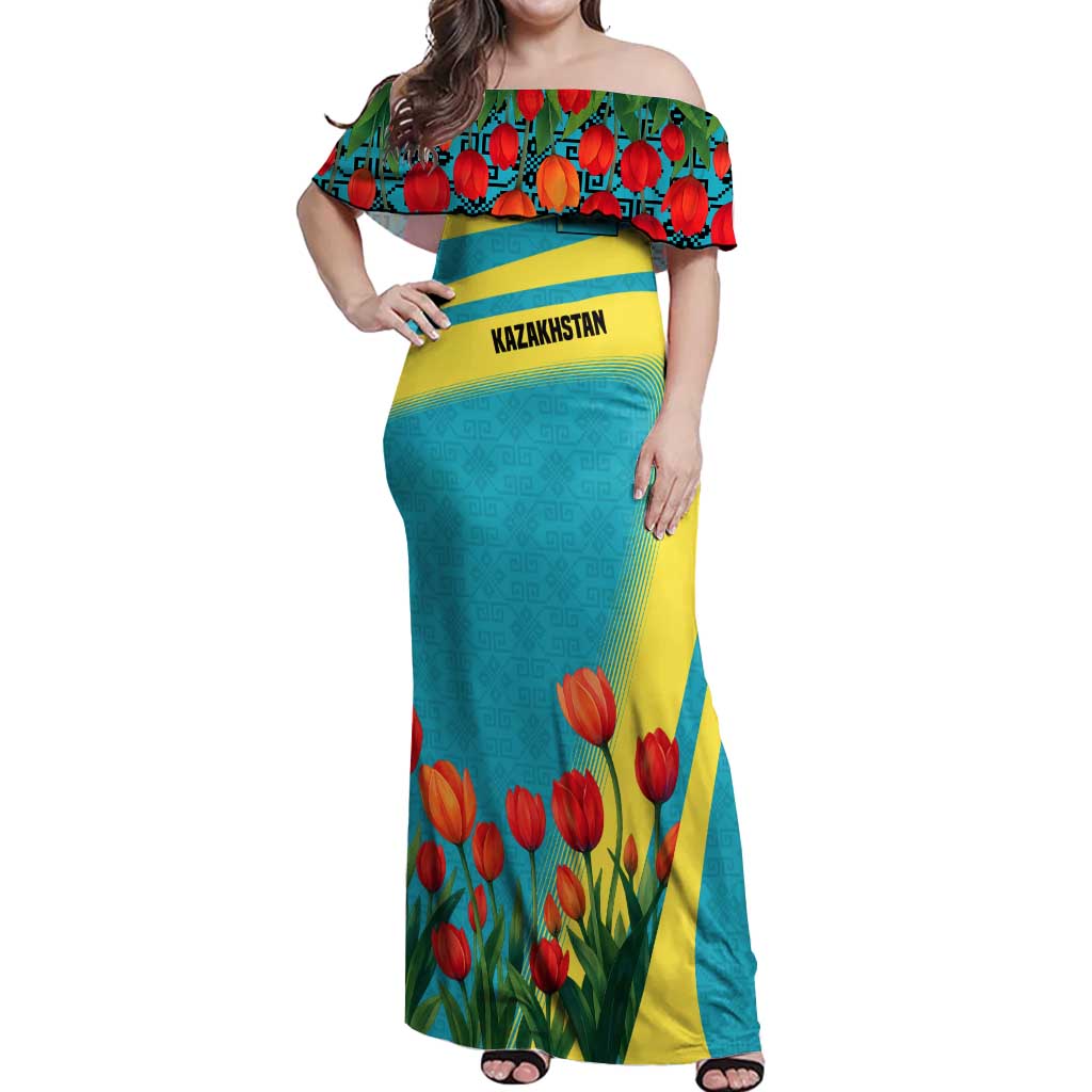 Kazakhstan National Flag Off Shoulder Maxi Dress with Red Tulip Bloom and Blue Yellow Ethnic Motif