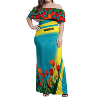 Kazakhstan National Flag Off Shoulder Maxi Dress with Red Tulip Bloom and Blue Yellow Ethnic Motif