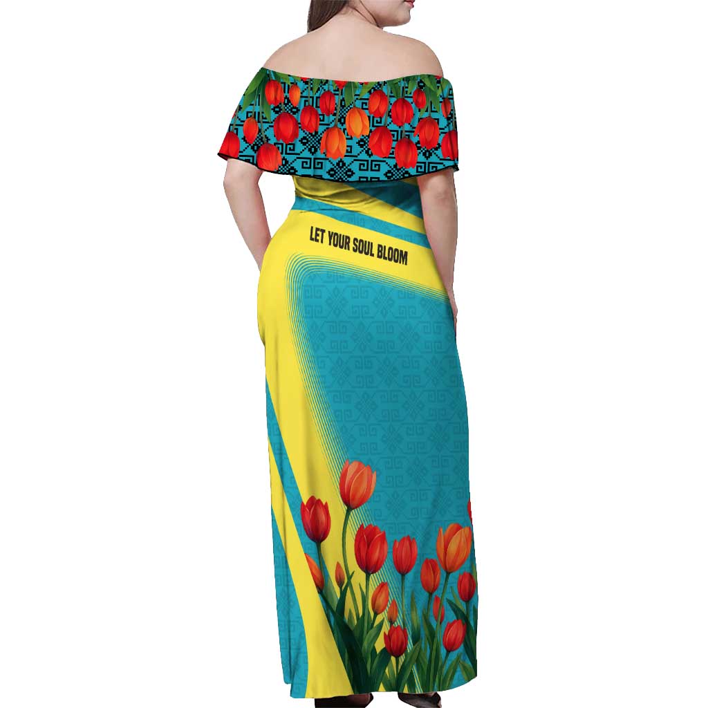 Kazakhstan National Flag Off Shoulder Maxi Dress with Red Tulip Bloom and Blue Yellow Ethnic Motif