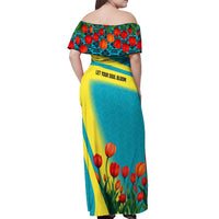 Kazakhstan National Flag Off Shoulder Maxi Dress with Red Tulip Bloom and Blue Yellow Ethnic Motif
