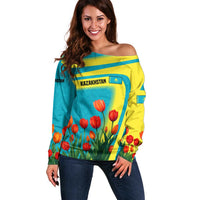 Kazakhstan National Flag Off Shoulder Sweater with Red Tulip Bloom and Blue Yellow Ethnic Motif