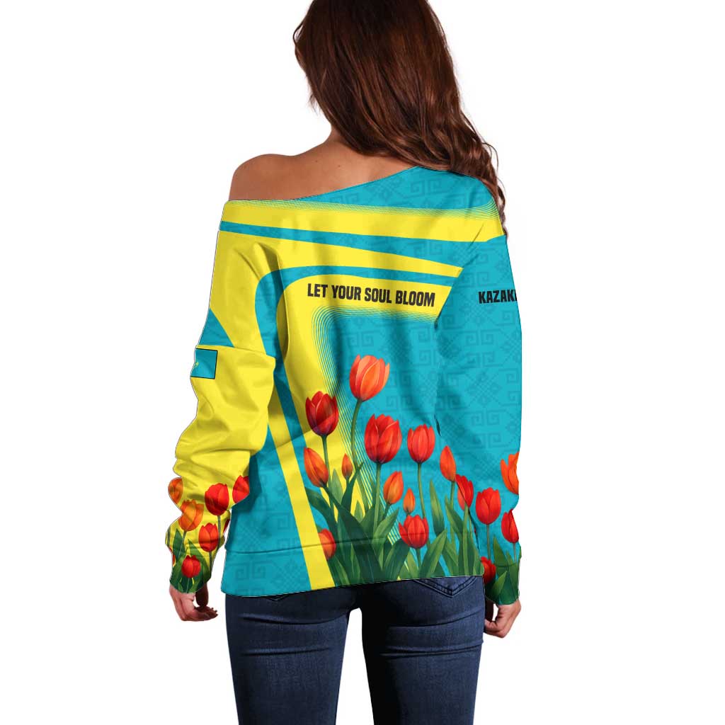 Kazakhstan National Flag Off Shoulder Sweater with Red Tulip Bloom and Blue Yellow Ethnic Motif
