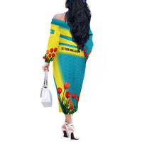 Kazakhstan National Flag Off The Shoulder Long Sleeve Dress with Red Tulip Bloom and Blue Yellow Ethnic Motif