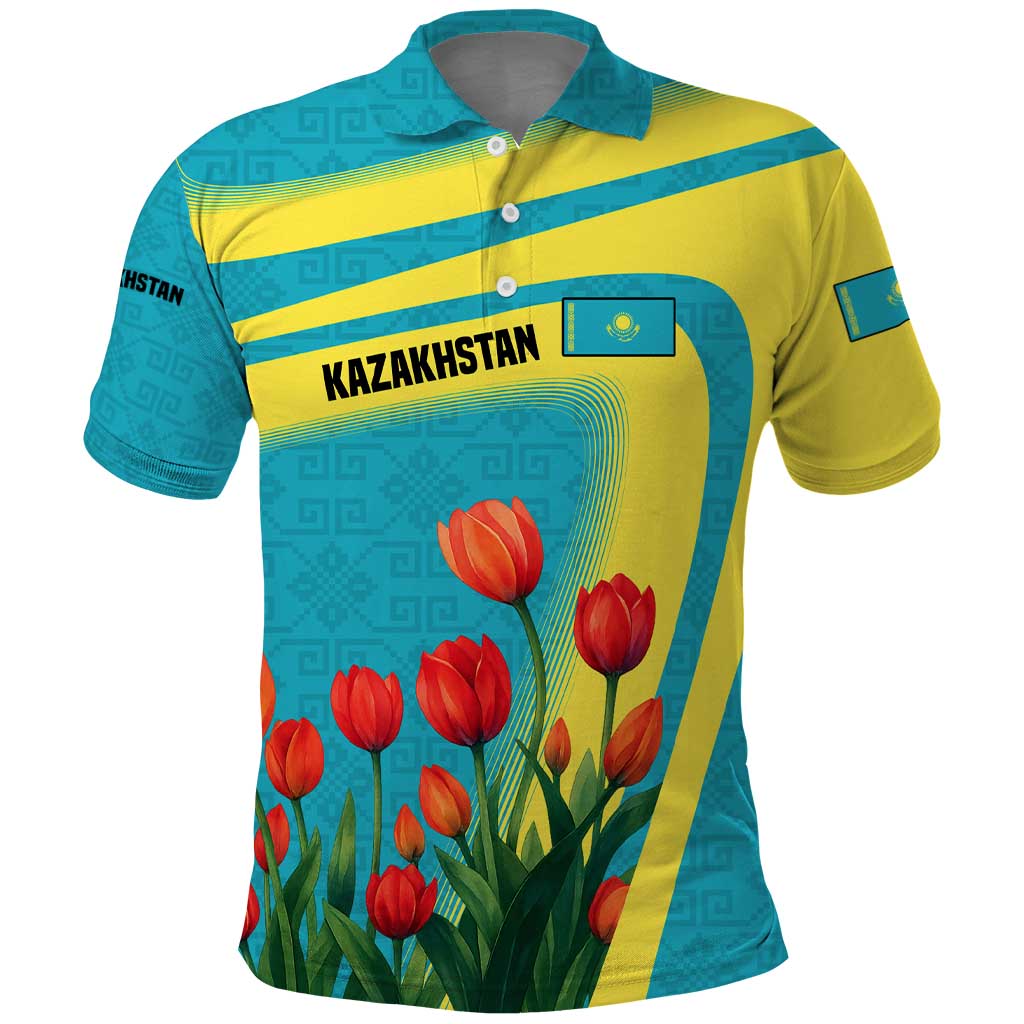 Kazakhstan National Flag Polo Shirt with Red Tulip Bloom and Blue Yellow Ethnic Motif