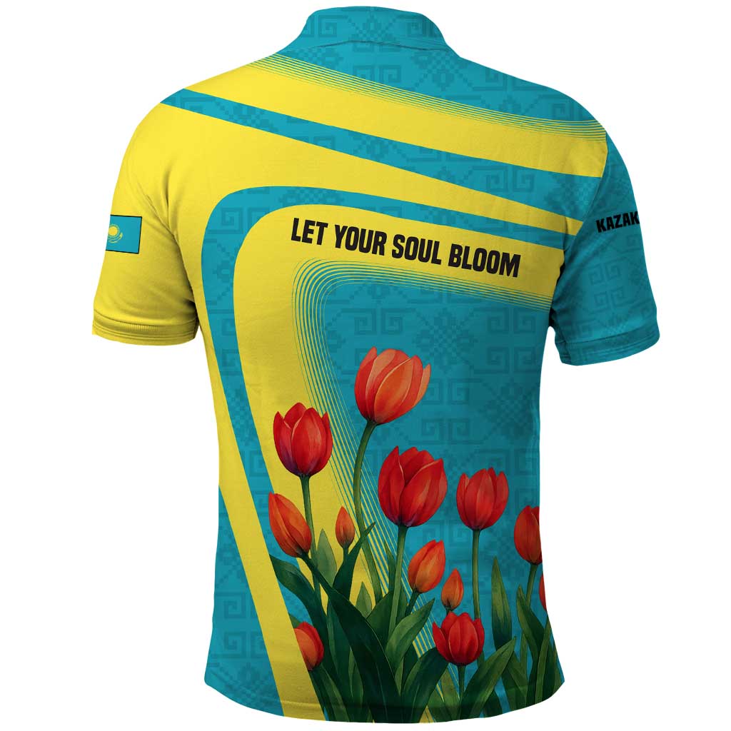 Kazakhstan National Flag Polo Shirt with Red Tulip Bloom and Blue Yellow Ethnic Motif