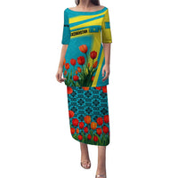 Kazakhstan National Flag Puletasi with Red Tulip Bloom and Blue Yellow Ethnic Motif