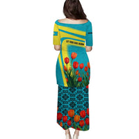 Kazakhstan National Flag Puletasi with Red Tulip Bloom and Blue Yellow Ethnic Motif
