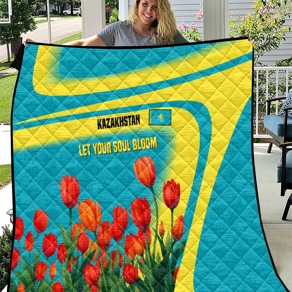Kazakhstan National Flag Quilt with Red Tulip Bloom and Blue Yellow Ethnic Motif
