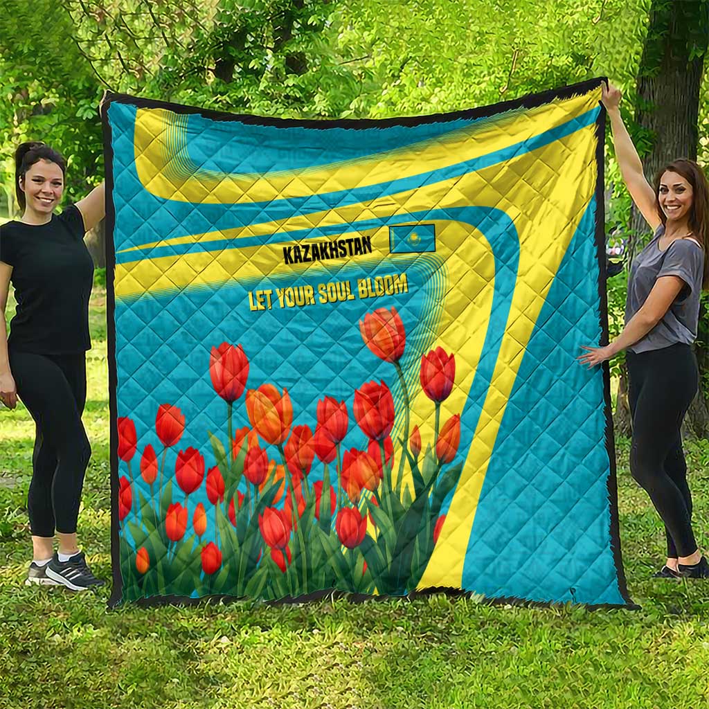 Kazakhstan National Flag Quilt with Red Tulip Bloom and Blue Yellow Ethnic Motif