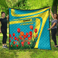 Kazakhstan National Flag Quilt with Red Tulip Bloom and Blue Yellow Ethnic Motif