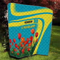 Kazakhstan National Flag Quilt with Red Tulip Bloom and Blue Yellow Ethnic Motif