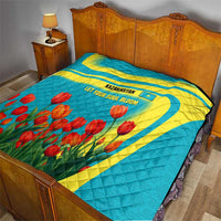 Kazakhstan National Flag Quilt with Red Tulip Bloom and Blue Yellow Ethnic Motif