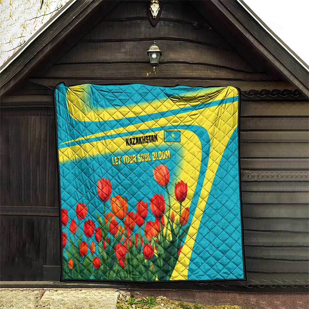 Kazakhstan National Flag Quilt with Red Tulip Bloom and Blue Yellow Ethnic Motif