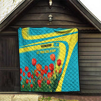 Kazakhstan National Flag Quilt with Red Tulip Bloom and Blue Yellow Ethnic Motif