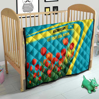 Kazakhstan National Flag Quilt with Red Tulip Bloom and Blue Yellow Ethnic Motif