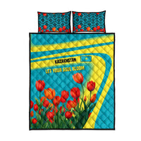 Kazakhstan National Flag Quilt Bed Set with Red Tulip Bloom and Blue Yellow Ethnic Motif