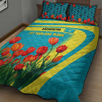 Kazakhstan National Flag Quilt Bed Set with Red Tulip Bloom and Blue Yellow Ethnic Motif