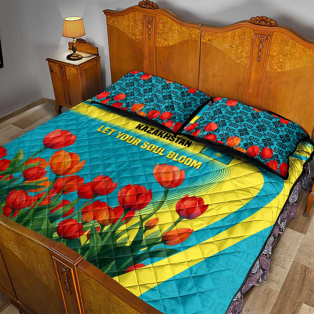 Kazakhstan National Flag Quilt Bed Set with Red Tulip Bloom and Blue Yellow Ethnic Motif