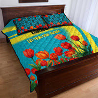 Kazakhstan National Flag Quilt Bed Set with Red Tulip Bloom and Blue Yellow Ethnic Motif