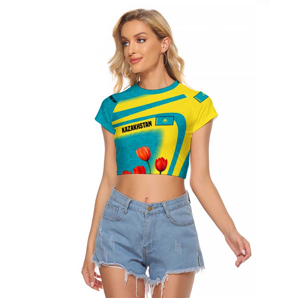 Kazakhstan National Flag Raglan Cropped T Shirt with Red Tulip Bloom and Blue Yellow Ethnic Motif